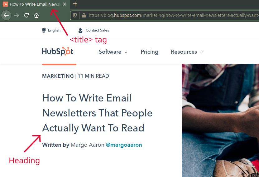 H1 Tags SEO: Example of title tag and h1 header