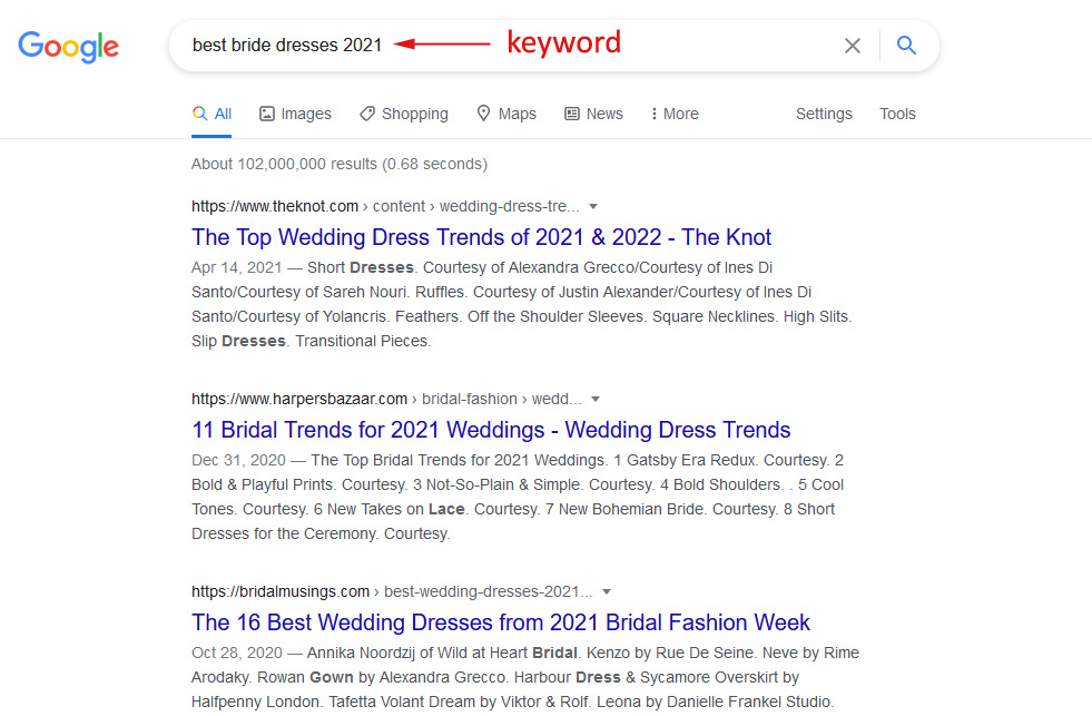 how to choose SEO keywords: example of middle-tail keyword search in Google