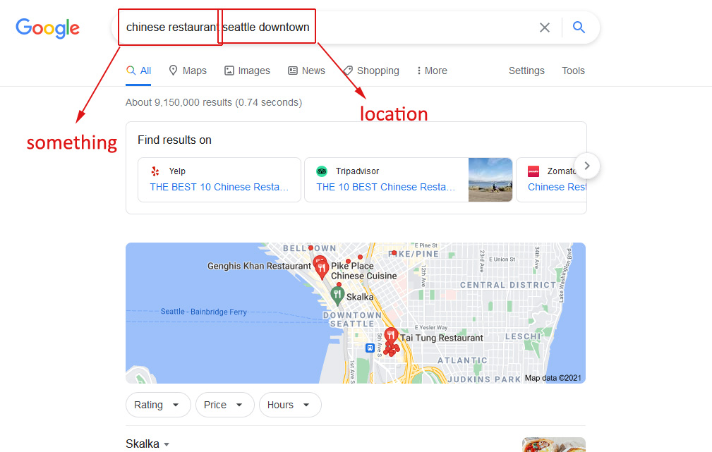 how to choose SEO keywords: example of localized search in Google