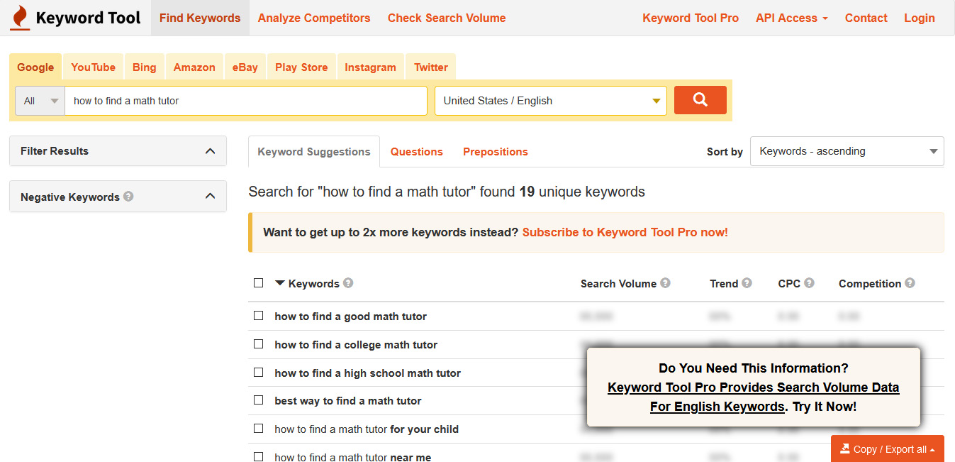 how to choose SEO keywords: use KeywordTool.io