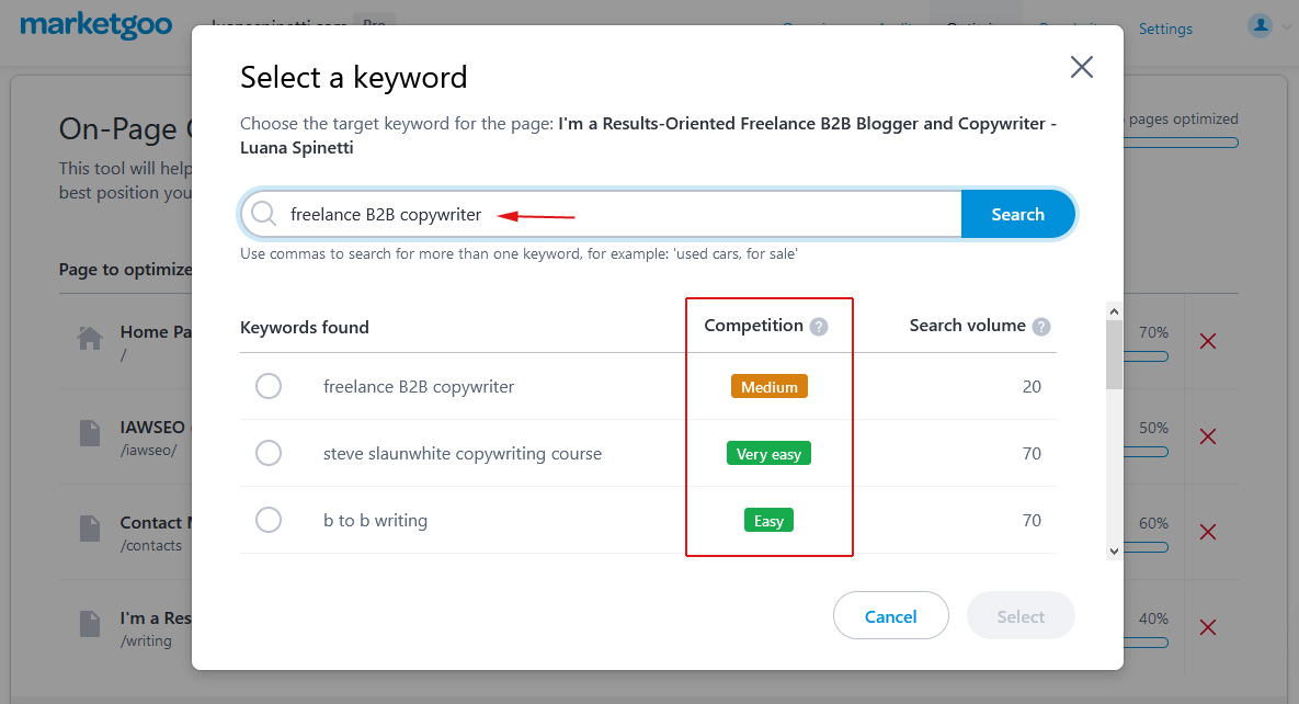 how to choose SEO keywords: using marketgoo