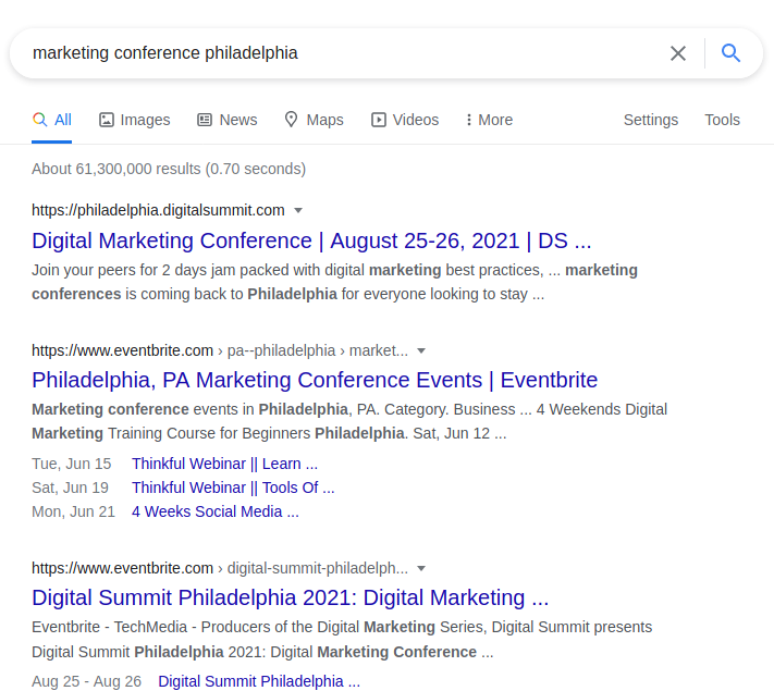 Links in SEO: Example "marketing conference philadelphia" SERPs