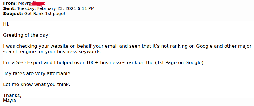 Links in SEO: Example of spammy email