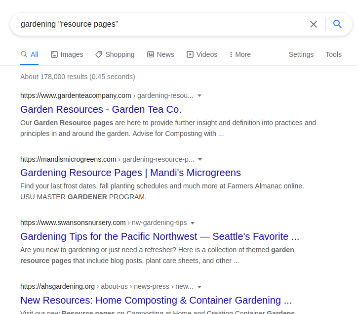 Links in SEO: Gardening resource pages example SERPs