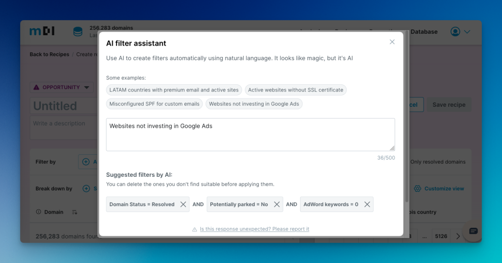 AI powered filter assistant within mDI, understands natural language