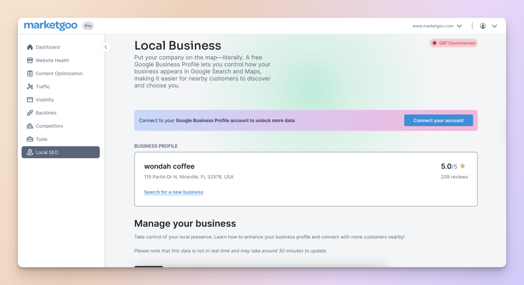 marketgoo local SEO section in web app